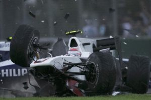 Sauber Formula One driver Kobayashi crashes out of the race during the Australian F1 Grand Prix in Melbourne